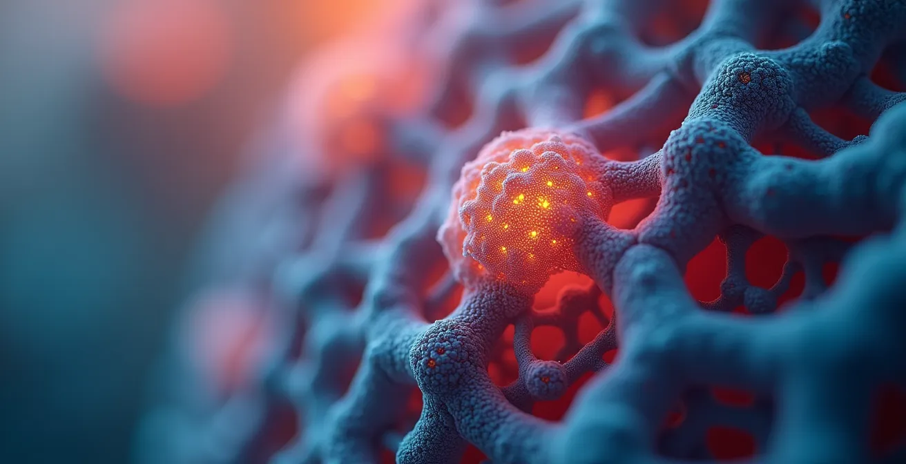 Vue macro d'un réseau neuronal avec zones d'inflammation symbolisées par des teintes rougeâtres