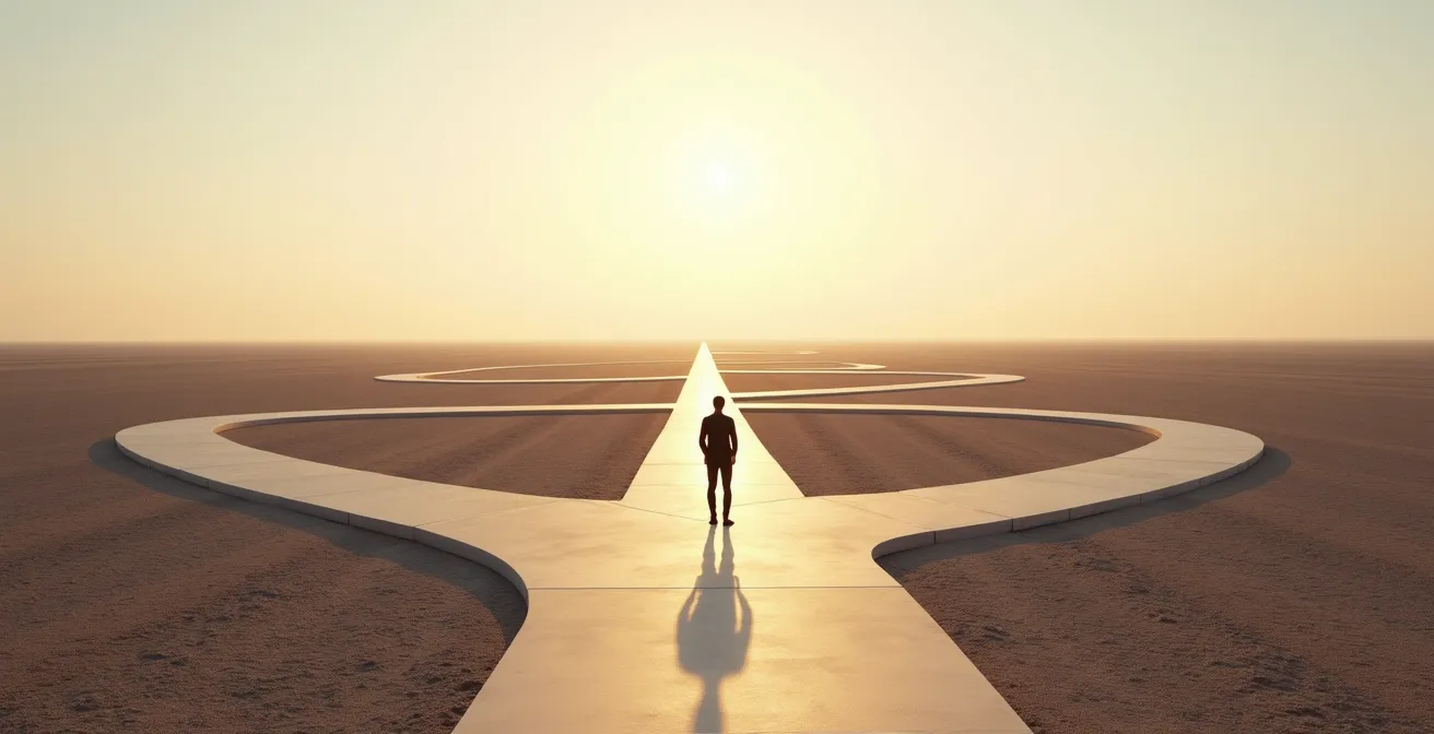 Personne debout à un carrefour symbolique avec plusieurs chemins, représentant les choix de carrière atypiques