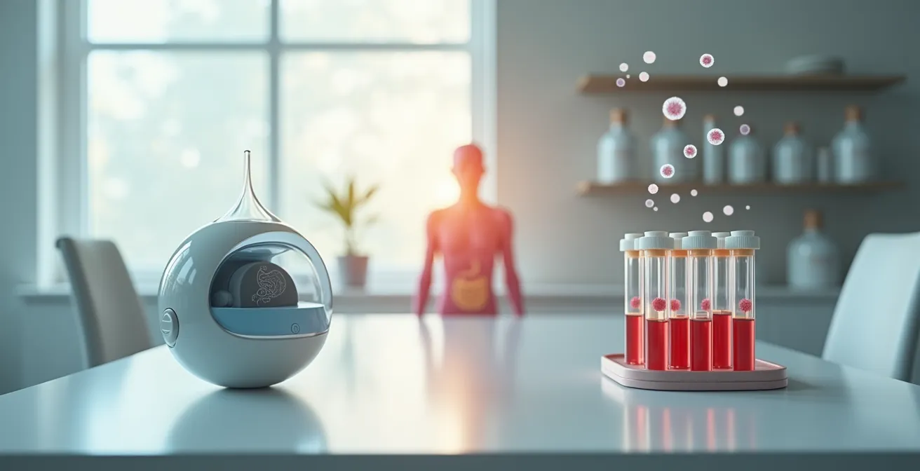 Illustration comparative des méthodes de diagnostic du SIBO avec test respiratoire et analyse sanguine