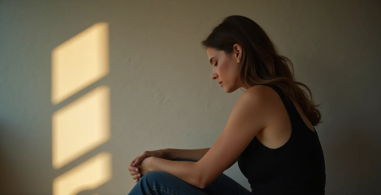 Personne assise en position méditative avec une main posée sur l'épaule opposée dans un geste d'auto-compassion