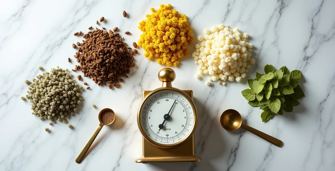 Balance de précision avec différentes plantes séchées en tas distincts montrant les variations de densité