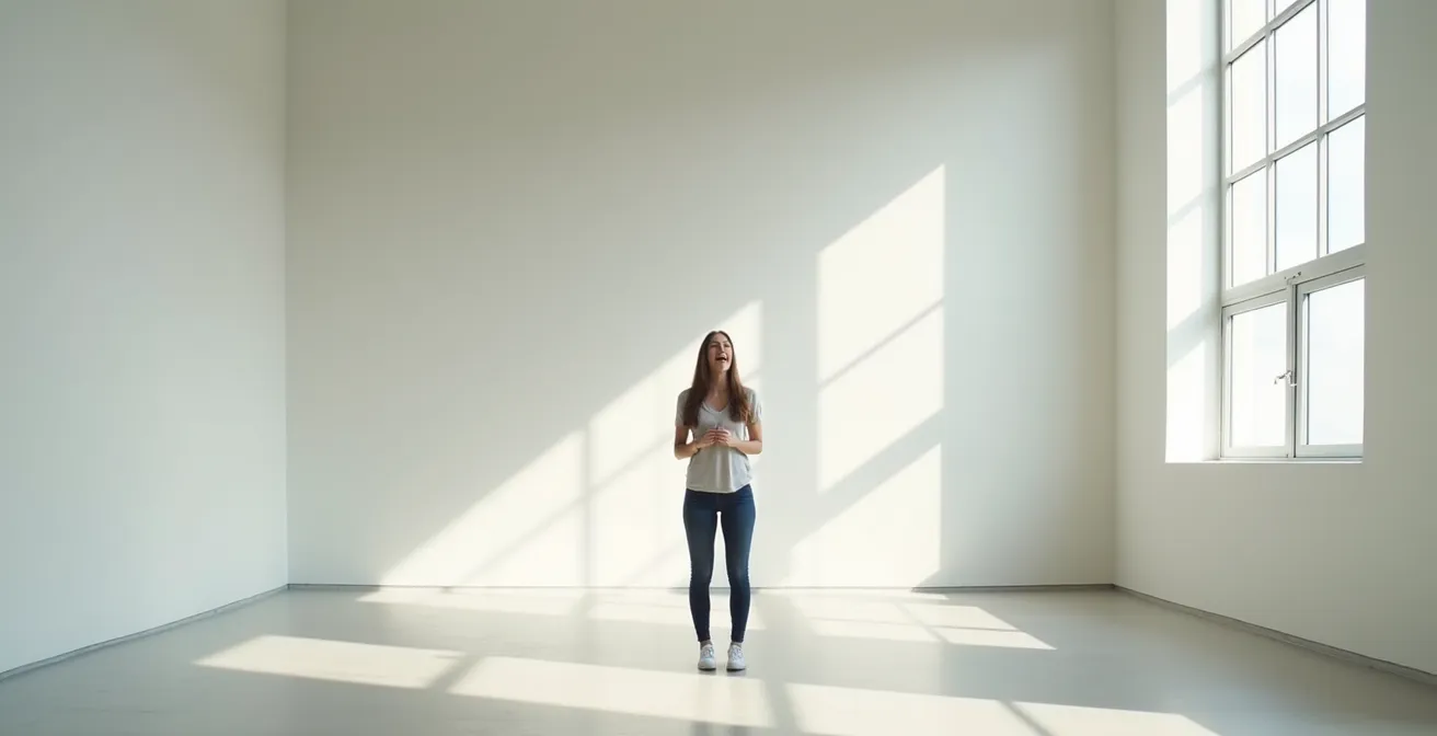 Une personne, vue de loin dans une pièce spacieuse et lumineuse, pratique des exercices vocaux, illustrant un échauffement serein.