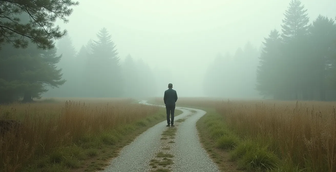 Personne en équilibre entre deux chemins symbolisant l'acceptation et l'évolution