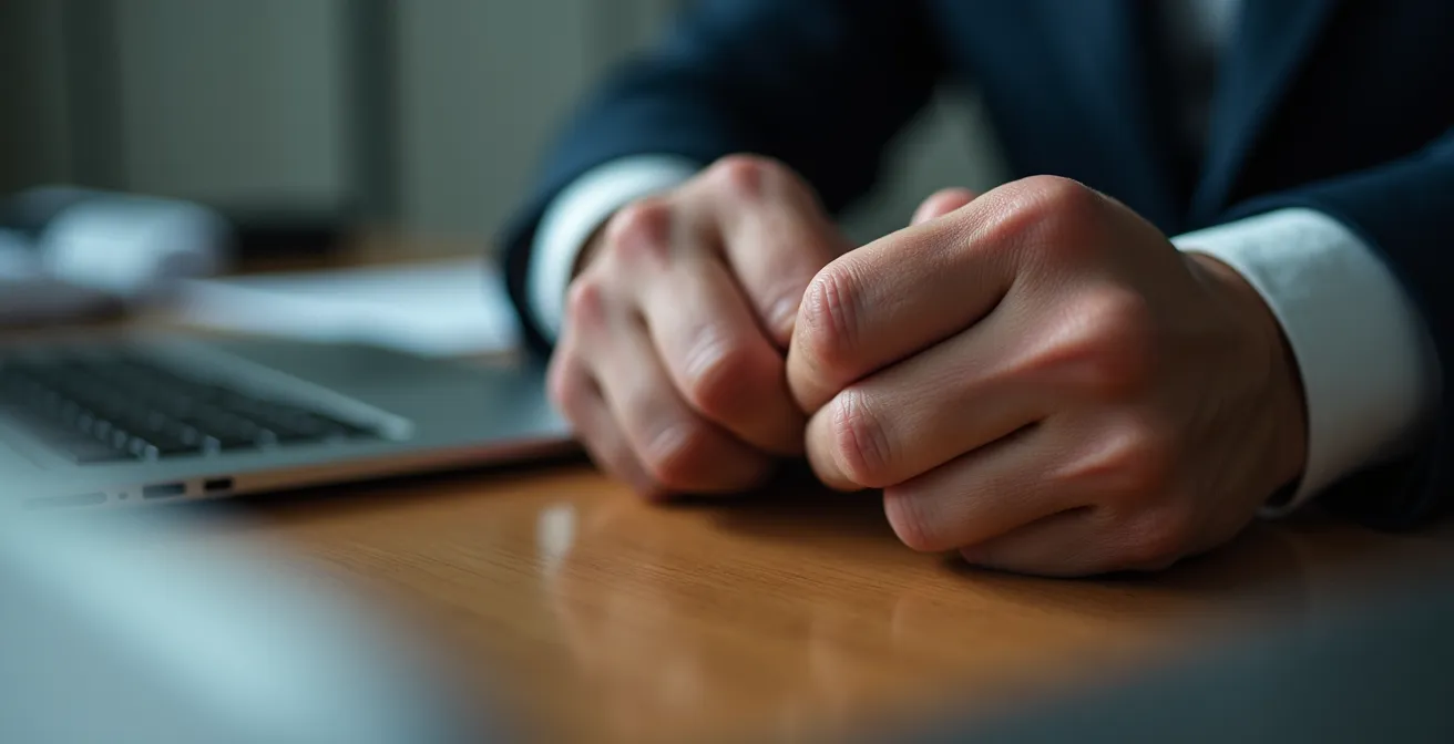 Gros plan sur des mains crispées sur un bureau, montrant la tension physique liée au stress éthique au travail