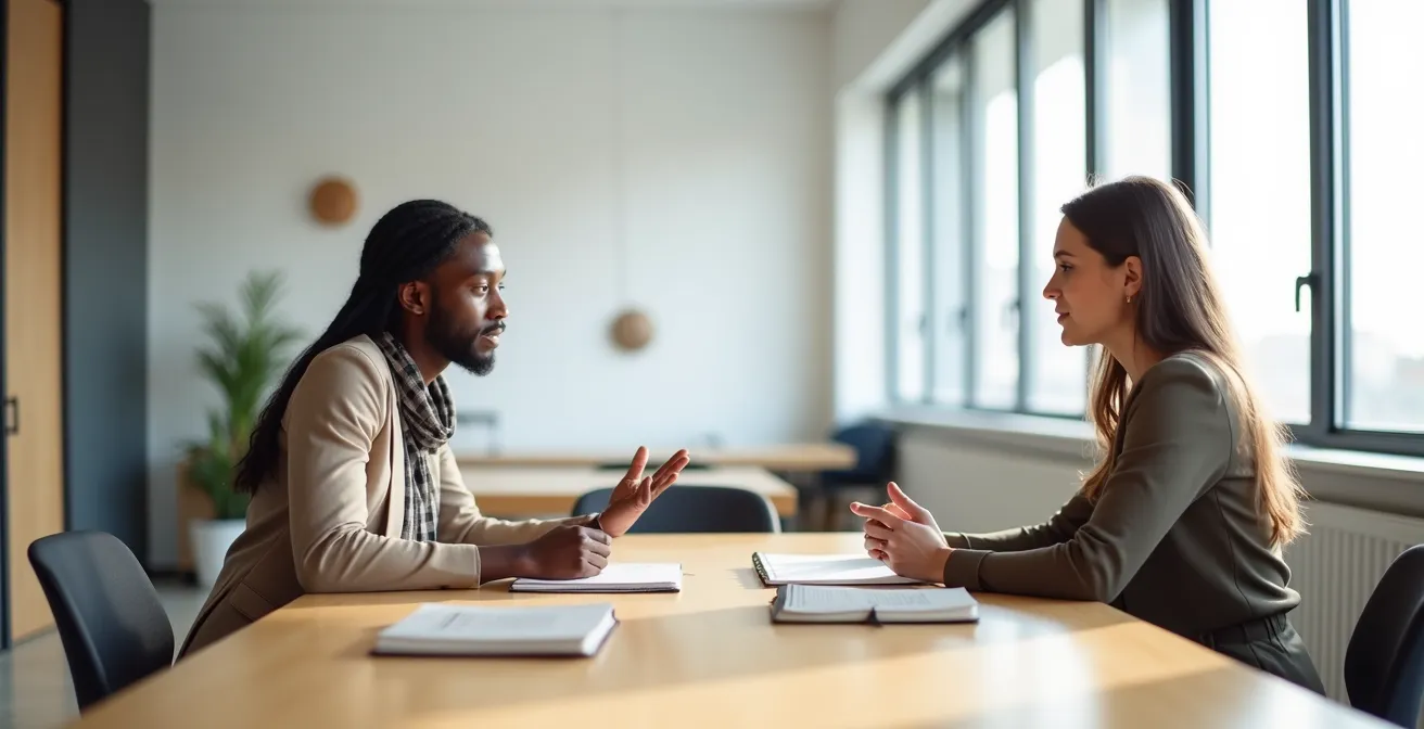 Scène de bureau montrant deux collègues en discussion calme et respectueuse