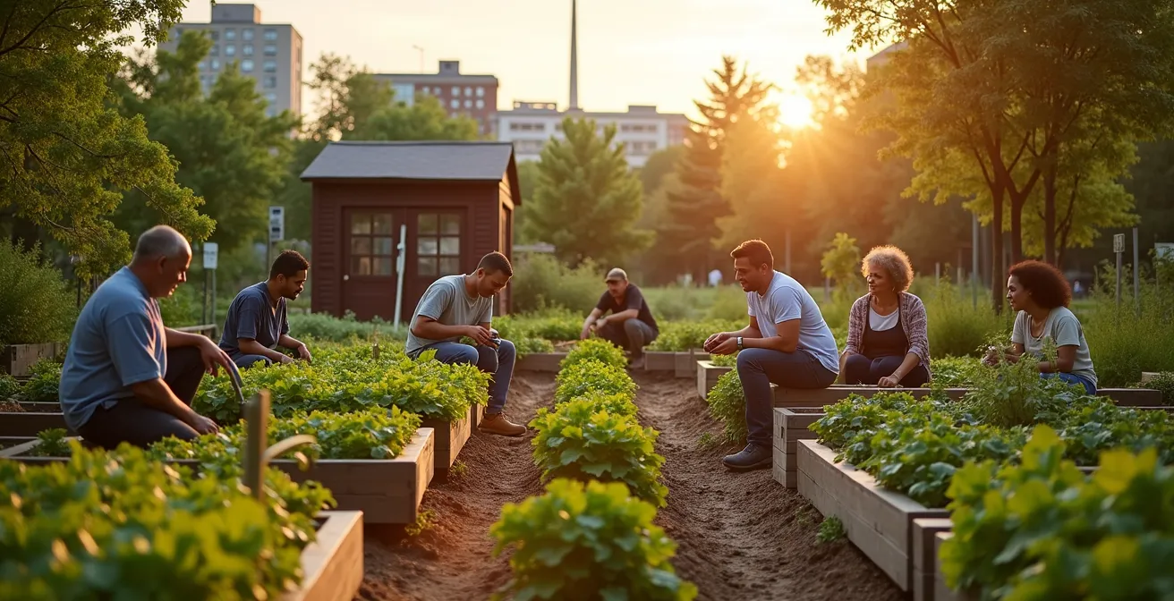 Vue large d'un jardin partagé urbain avec plusieurs personnes jardinant ensemble