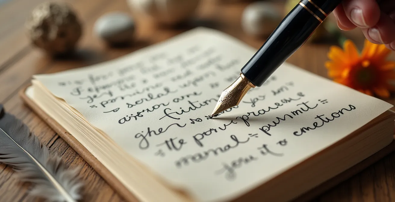 Gros plan sur un carnet ouvert avec une main tenant un stylo, entouré d'objets symbolisant différentes émotions