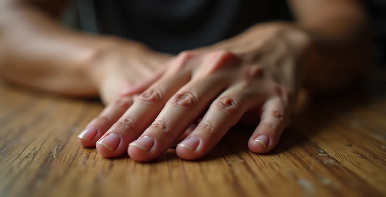Vue macro sur une main légèrement tremblante sur surface en bois naturel