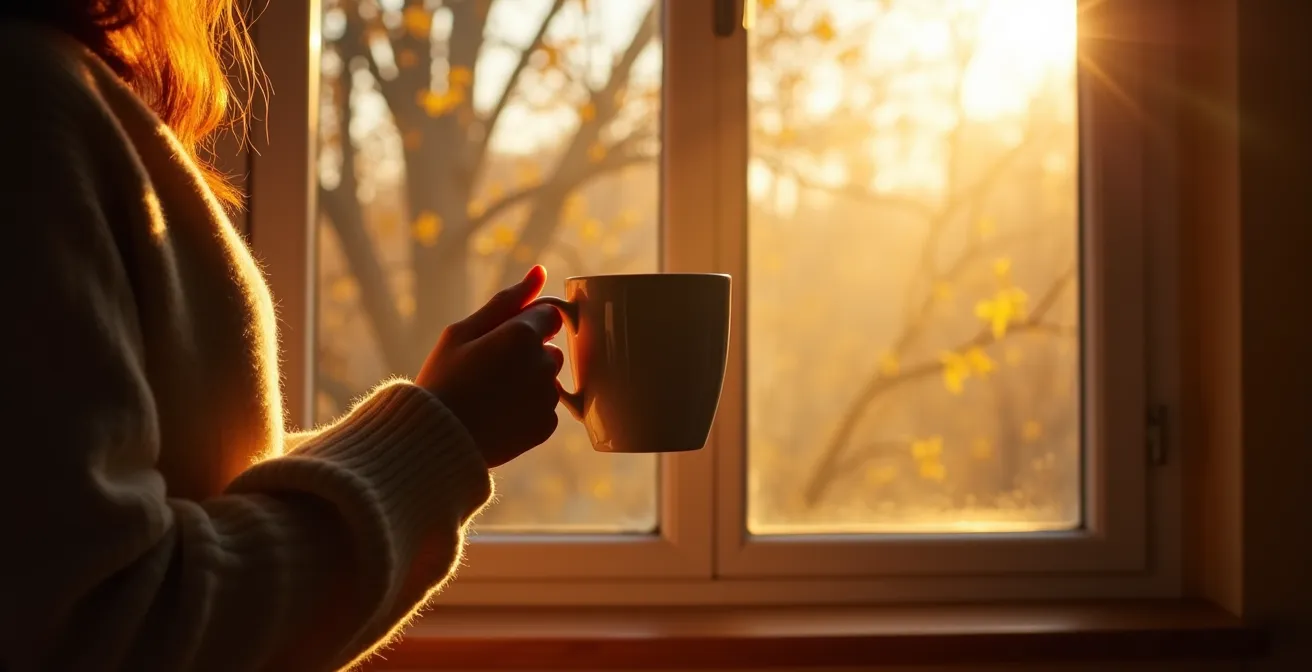 Personne savourant un café près d'une fenêtre baignée de lumière dorée matinale d'automne