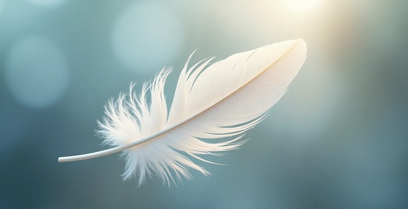 Détail macro d'une plume blanche flottant dans l'air, symbolisant la légèreté et le contrôle du souffle.