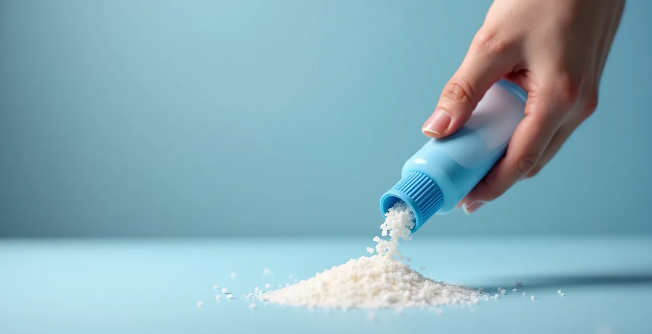 Mains versant délicatement des granules homéopathiques du tube dans le capuchon doseur