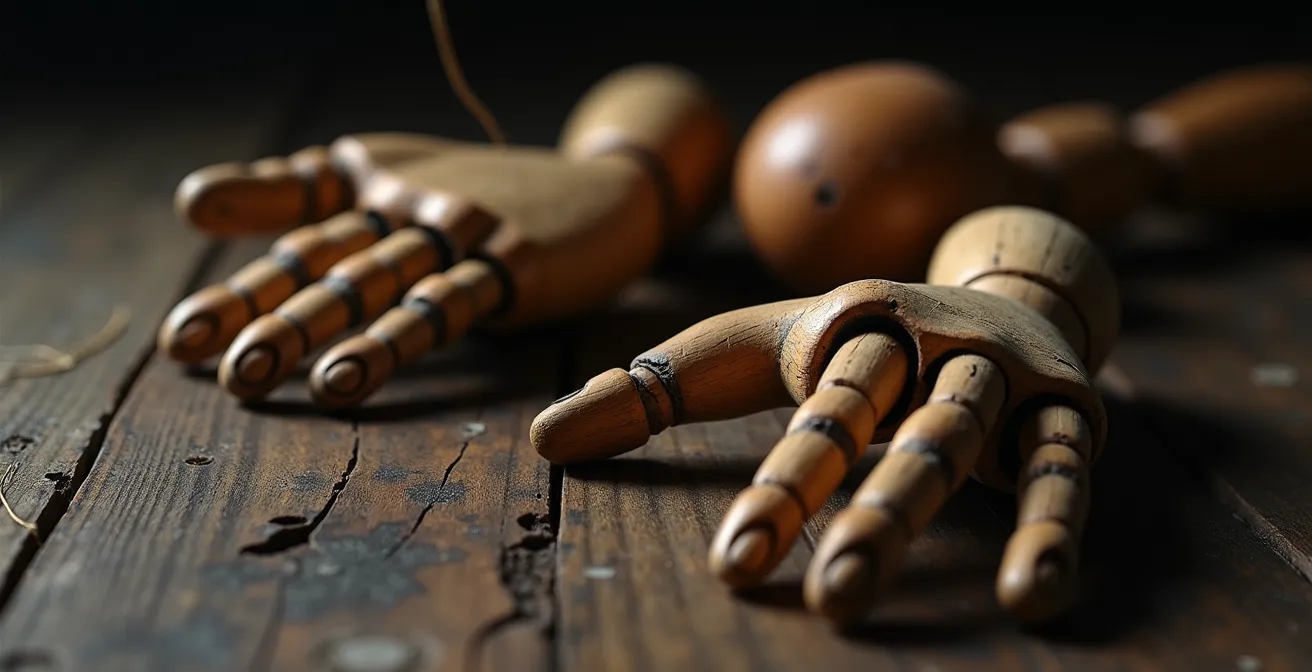 Métaphore visuelle de la manipulation émotionnelle sans montrer de fils visibles