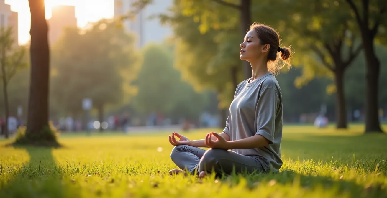 Personne en méditation assise dans un parc urbain avec arbres en arrière-plan
