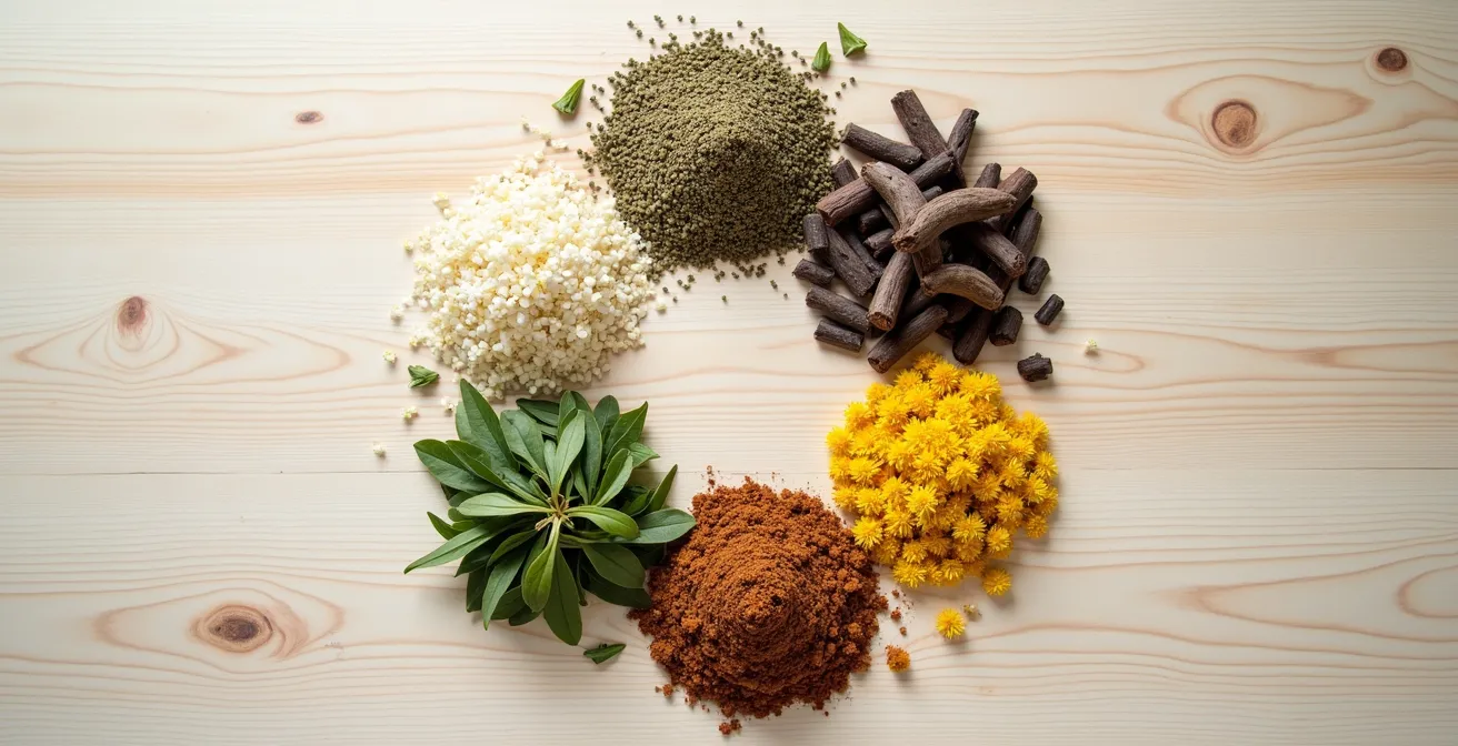 Arrangement harmonieux de plantes séchées disposées en cercle avec différentes textures et couleurs