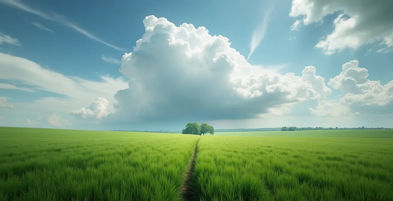 Représentation métaphorique d'un nuage d'orage au-dessus d'une prairie paisible, symbolisant la colère déplacée.