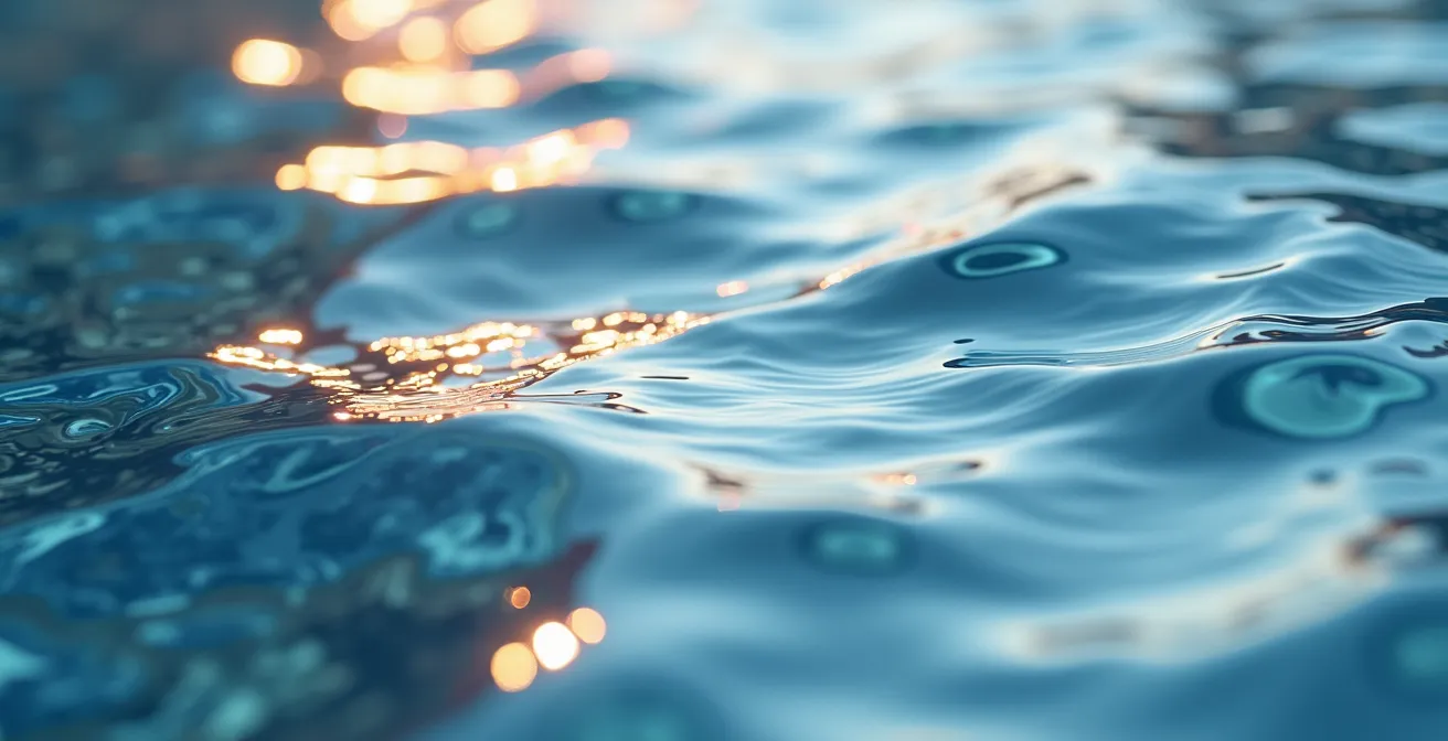 Vue macro de vagues douces sur une surface d'eau calme avec jeu de lumière