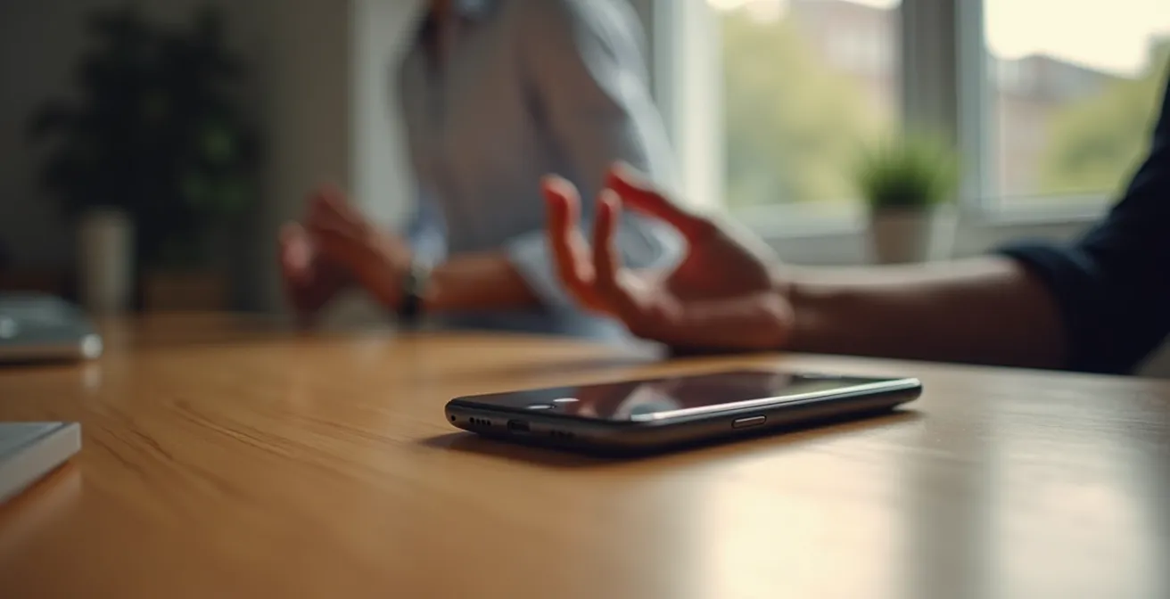 Smartphone posé face cachée sur une table, avec des mains en posture de méditation à côté, symbolisant la déconnexion volontaire.