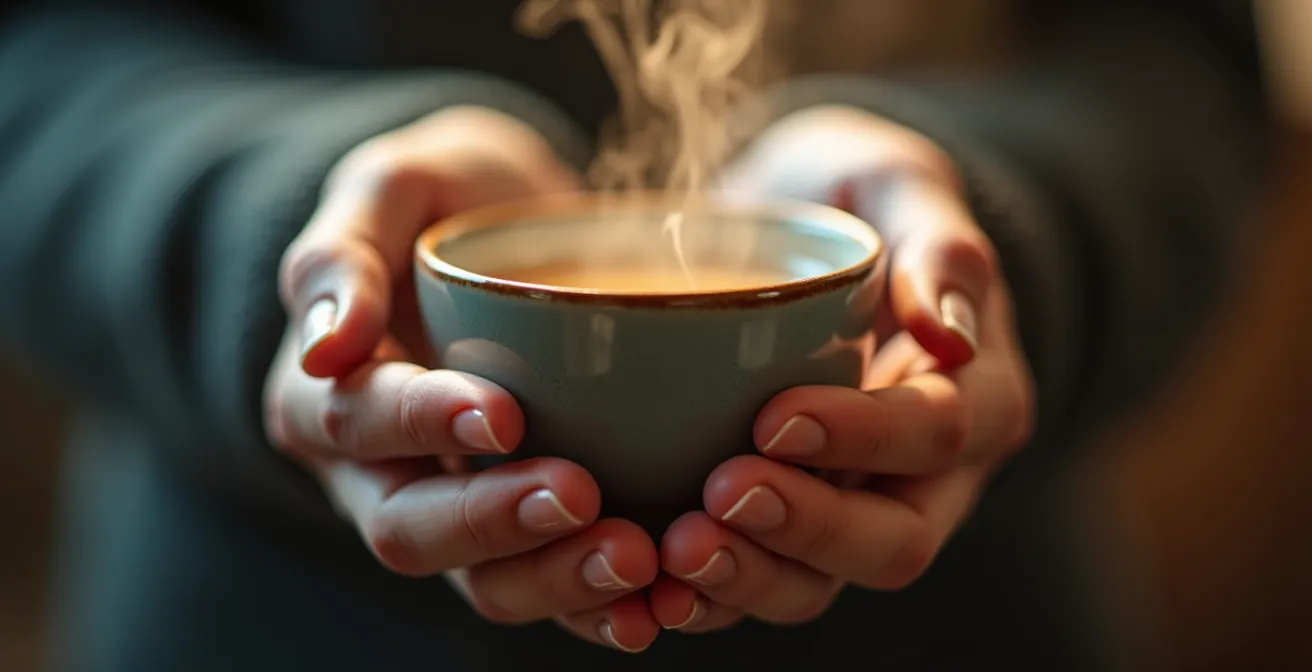 Vue macro d'une main tenant délicatement une tasse de thé avec vapeur visible