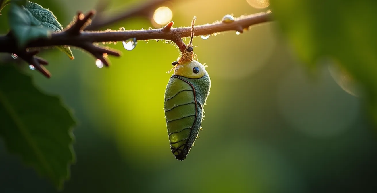 Métaphore visuelle du papillon émergeant de sa chrysalide représentant la transformation après une crise