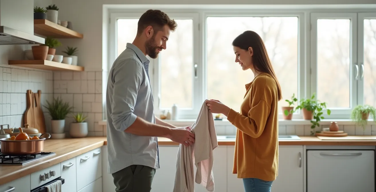 Couple en train de répartir les tâches ménagères dans une ambiance apaisée