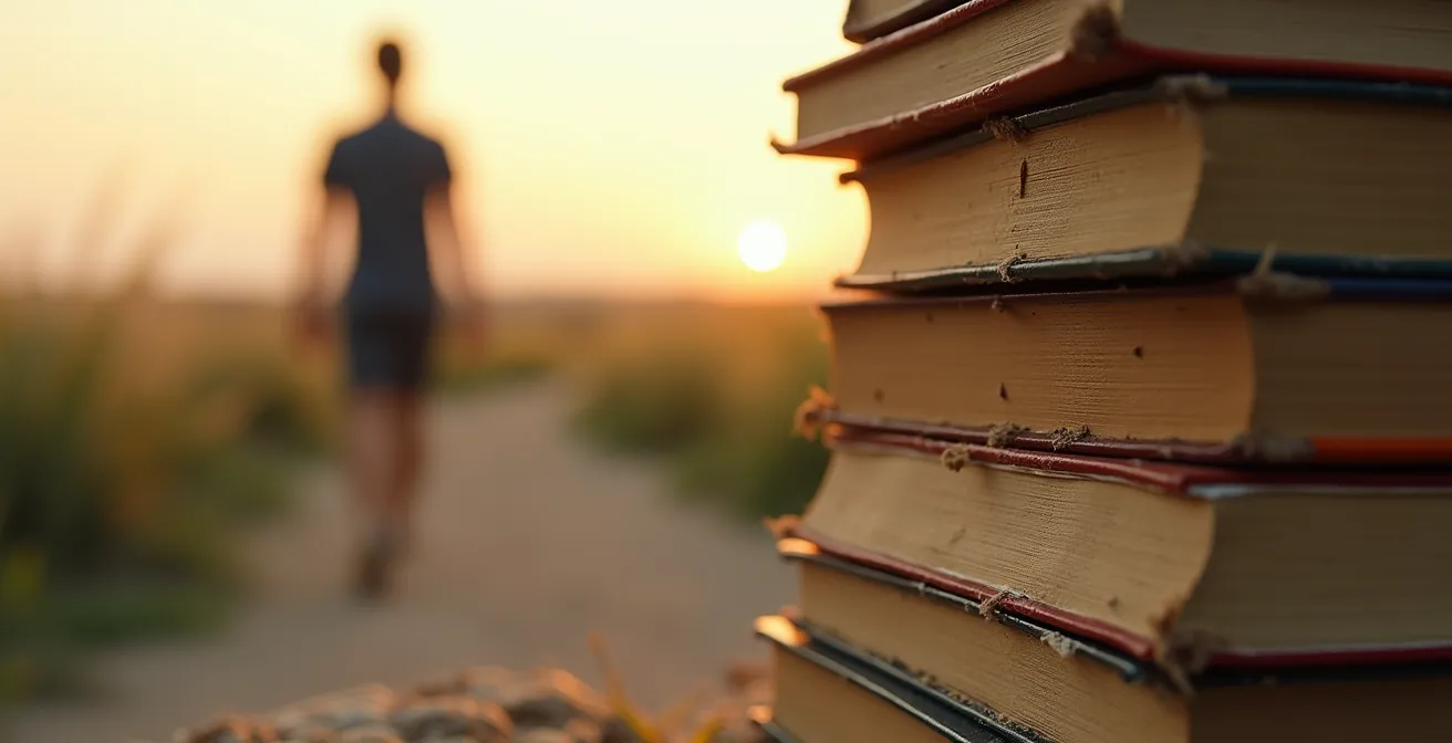 Pile de livres abandonnée avec une personne marchant vers l'horizon