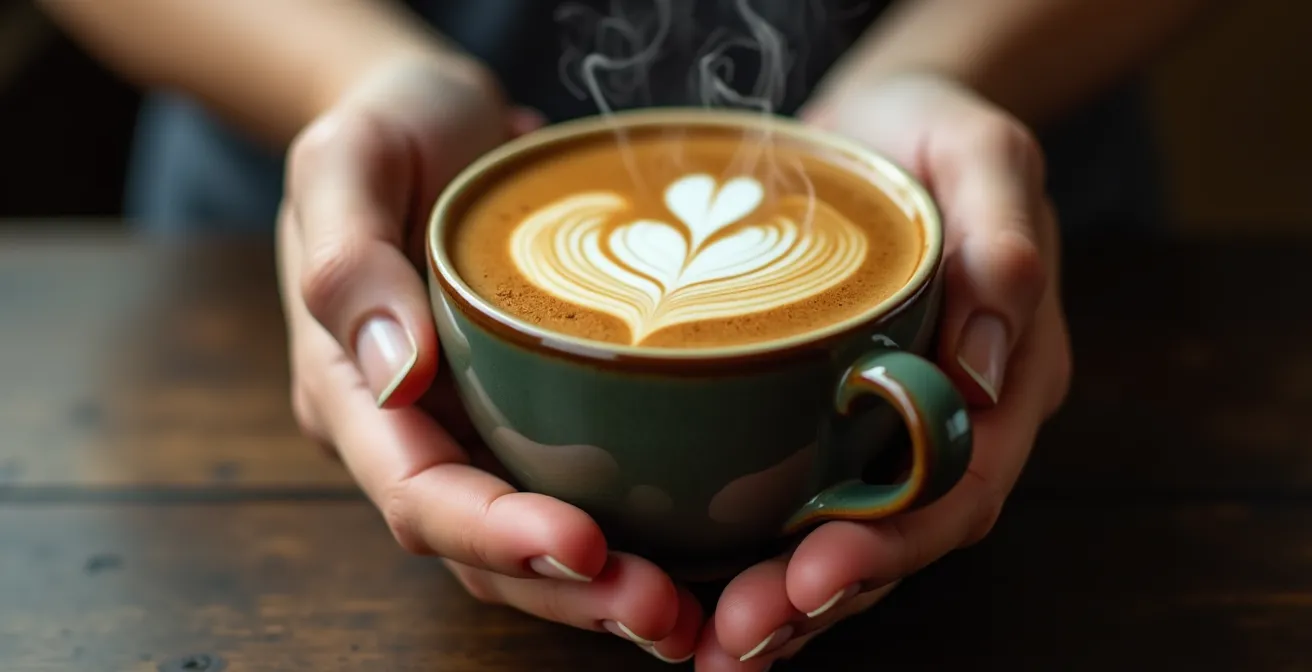 Mains tenant une tasse de café avec vapeur montante dans une ambiance zen