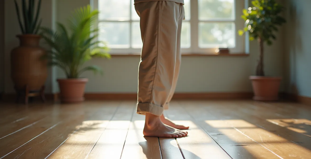 Personne pratiquant la posture de l'arbre, pieds ancrés au sol, bras en cercle