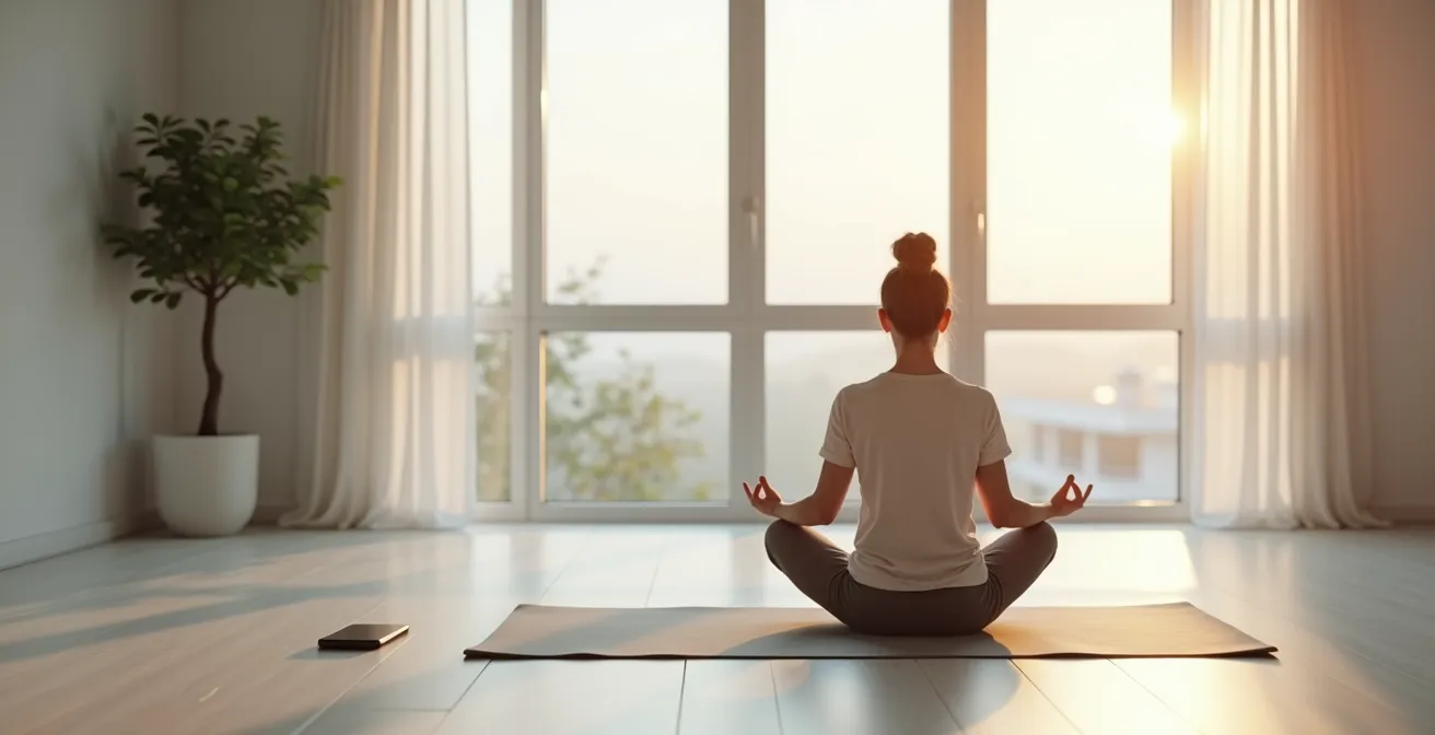 Personne méditant dans un espace calme avec smartphone posé à distance