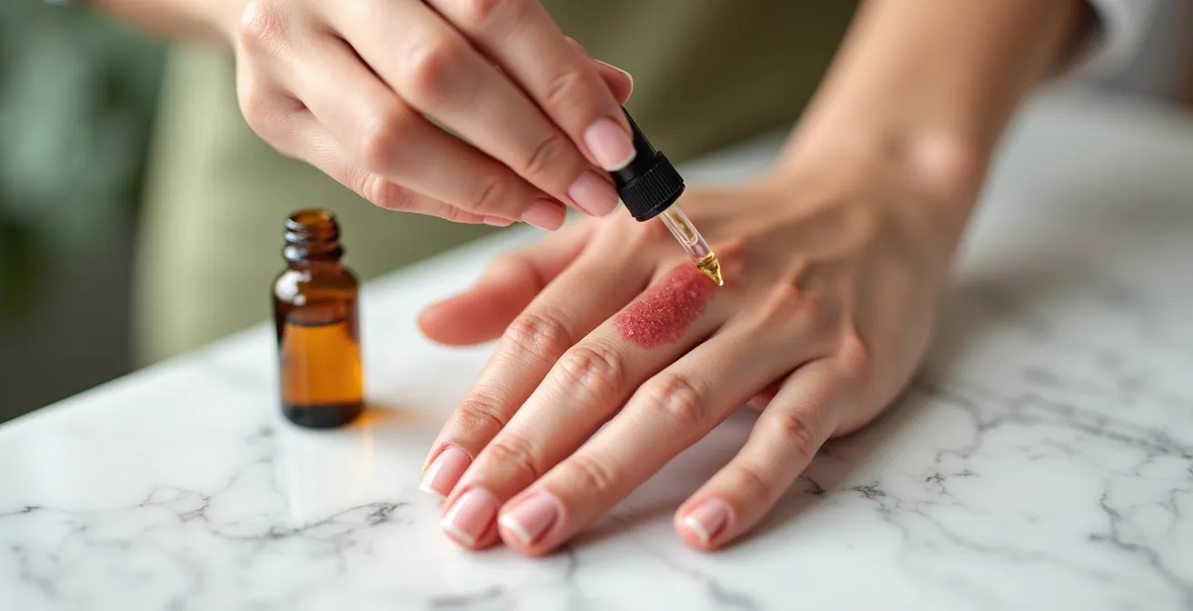 Main d'adulte appliquant de l'huile essentielle sur une peau rougie, illustrant l'usage correct de la Lavande Aspic.