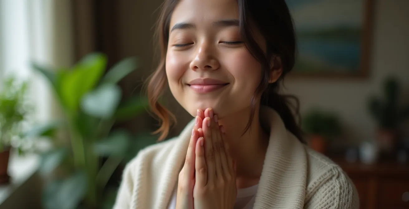 Personne pratiquant la cohérence cardiaque avec une respiration naturelle et détendue