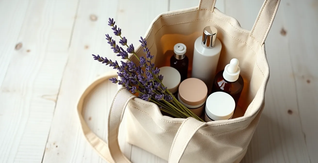 Vue plongeante d'un sac entrouvert révélant des produits de bien-être naturels disposés harmonieusement