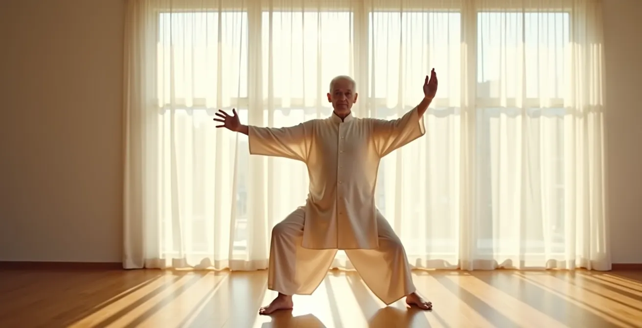 Démonstration d'un mouvement de Tai Chi debout sans pression sur les poignets