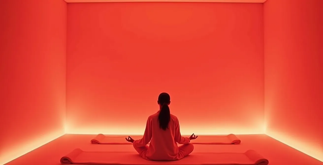 Personne bénéficiant de la thérapie par lumière rouge dans un environnement apaisant