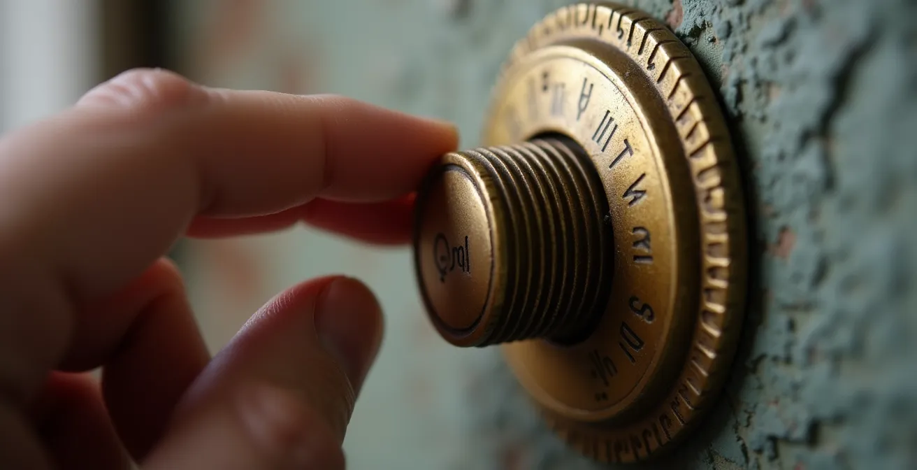 Main ajustant délicatement un ancien thermostat en laiton sur un mur texturé