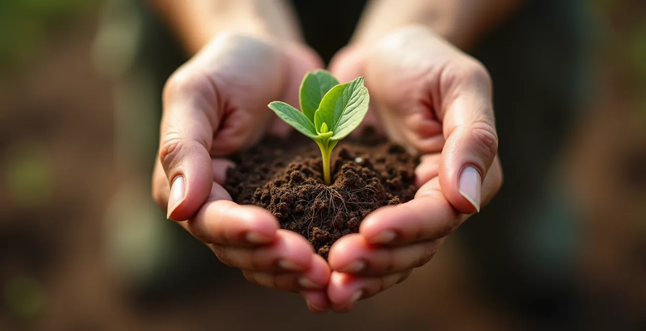 Vue macro d'une main tenant délicatement une graine germée symbolisant la transformation