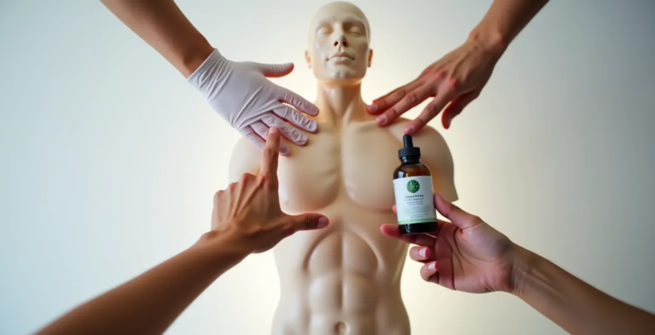 Représentation du triangle thérapeutique avec médecin, ostéopathe et naturopathe collaborant pour les troubles viscéraux