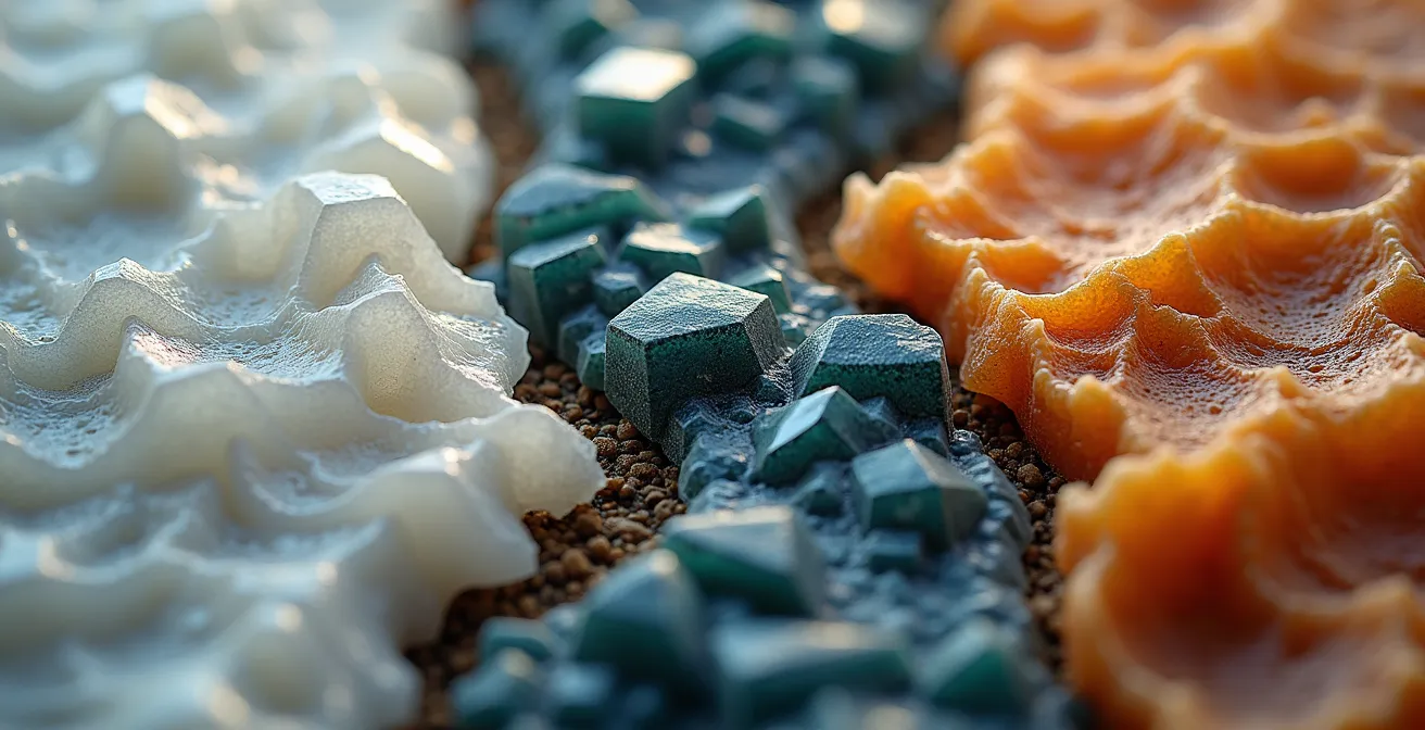 Trois phases symboliques de transformation personnelle où le coaching est optimal, représentées par des textures minérales symbolisant la décision, le blocage et l'intégration.