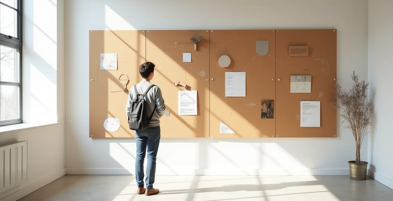 Vue large d'un espace de travail minimaliste avec tableau d'inspiration sur le mur