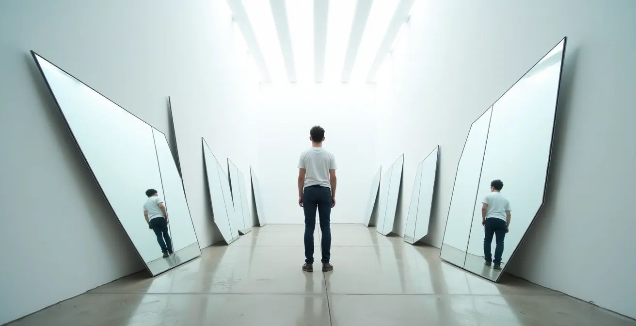 Miroirs fragmentés reflétant différentes versions d'une même personne, symbolisant les voix intériorisées