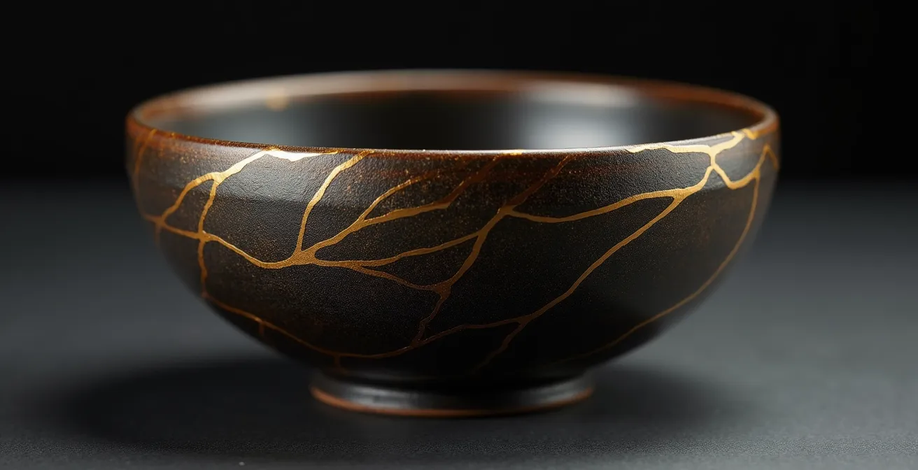 Poterie japonaise avec réparation dorée kintsugi symbolisant la beauté de l'imperfection