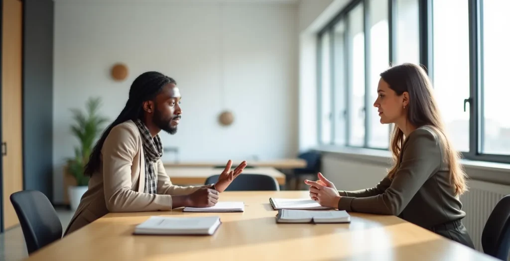 Scène de bureau montrant deux collègues en discussion calme et respectueuse Scène de bureau montrant deux collègues en discussion calme et respectueuse